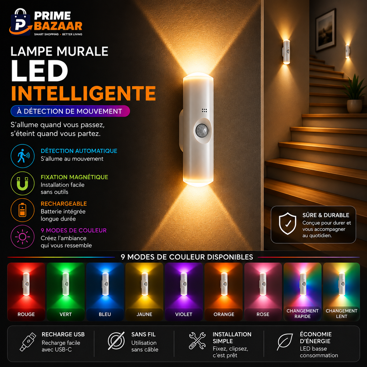 Lampe Murale LED Intelligente à Détection de Mouvement – 9 Couleurs
