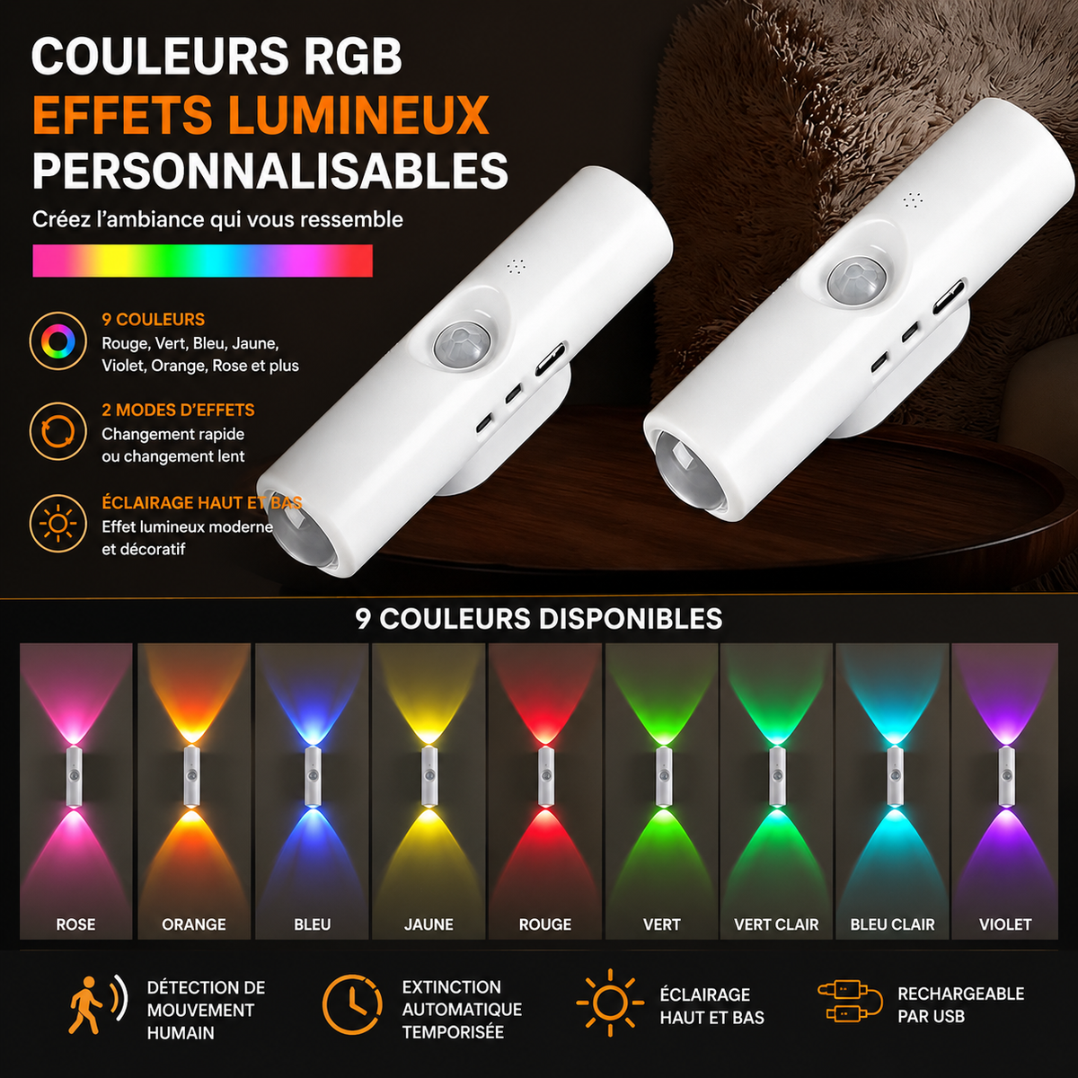 Lampe Murale LED Intelligente à Détection de Mouvement – 9 Couleurs